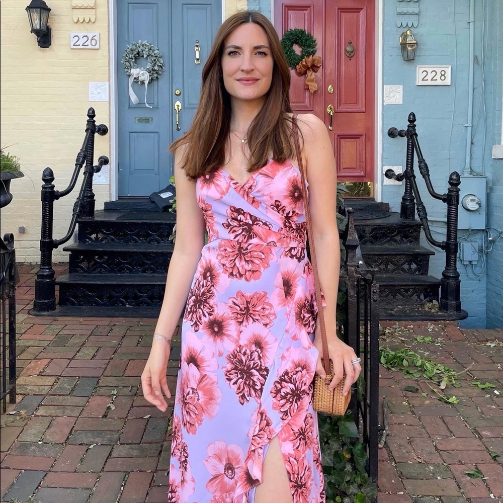 ♥️ Pink Floral Print Chiffon Midi Wrap Dress